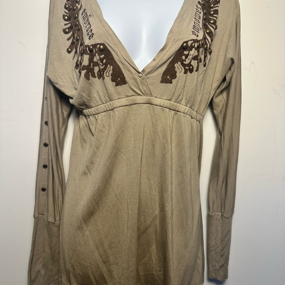 Treasure Rock Deep V-Neck Tan Long Sleeve Top